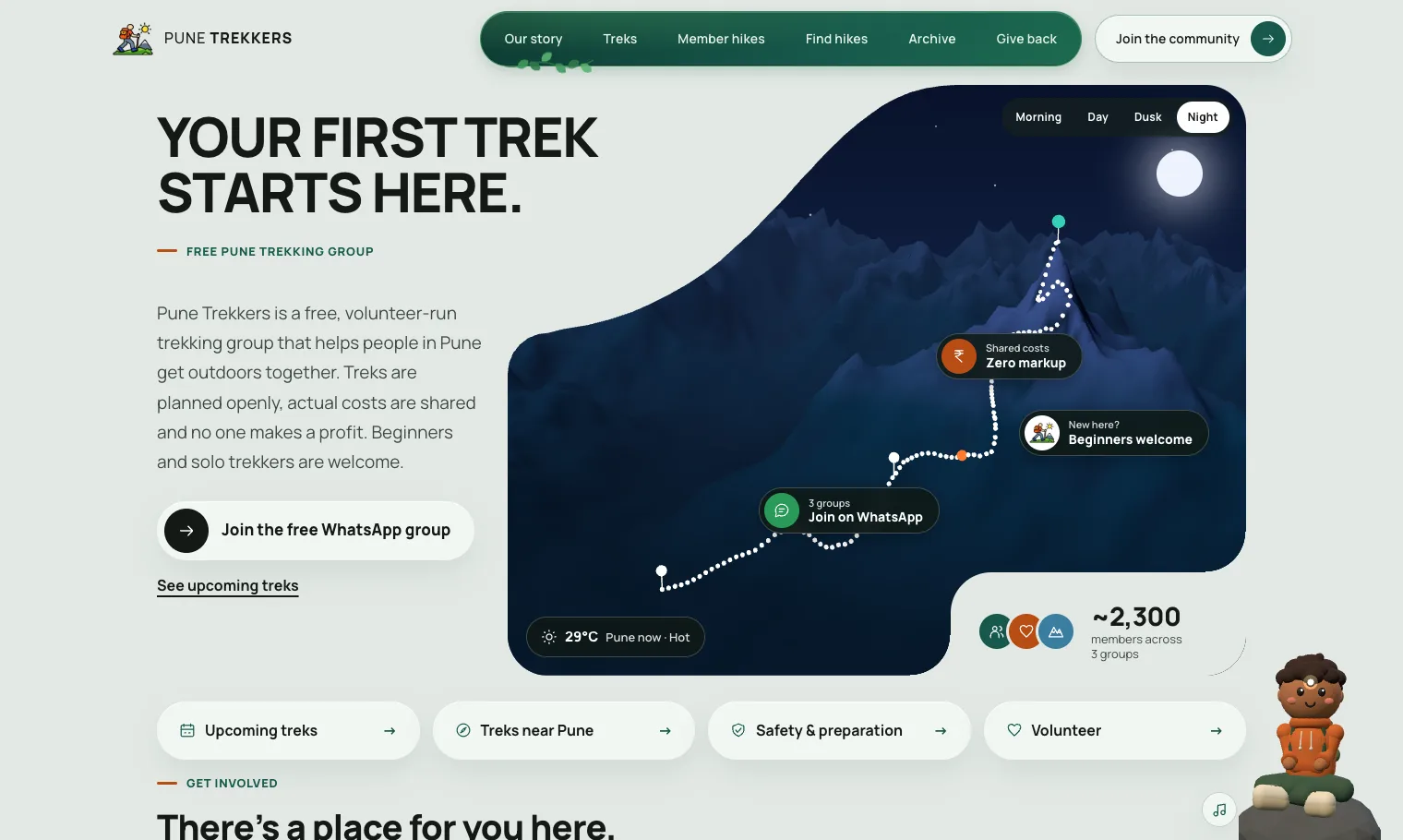 Pune Trekkers website homepage with an upcoming trek and a 3D mountain scene